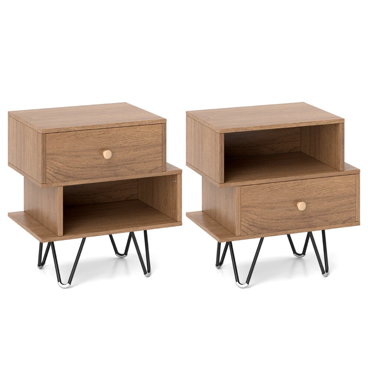 CostwayEnsemble de Tables de Chevet 2 Tables de Bout de Style Moderne du Milieu du Siècle avec Tiroir Amovible & Compartiment Ouvert Naturel